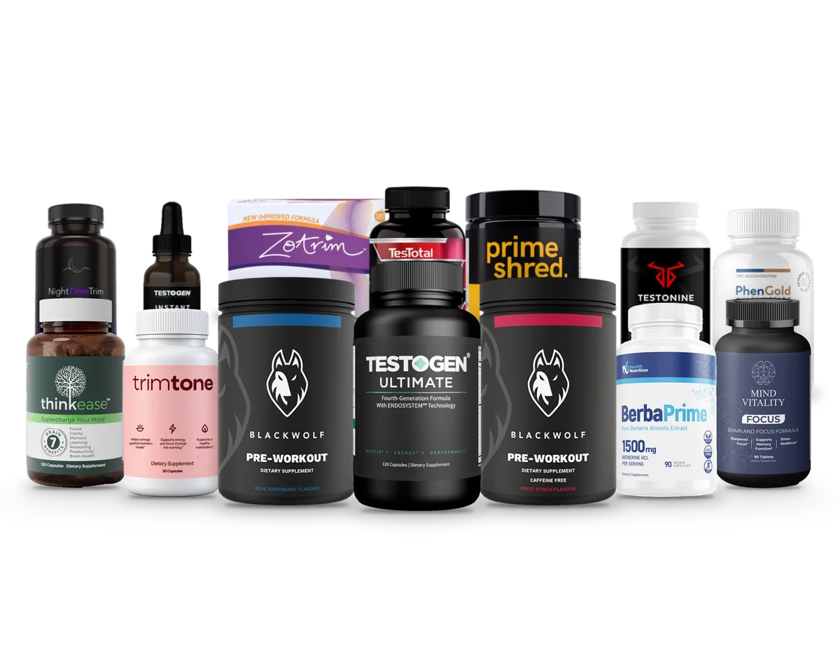 The Health Nutrition range: Blackwolf, Trimtone, Testogen, ThinkEase, MindVitality, PrimeShred, Zotrim, PhenGold, NightTimeTrim, TesTotal, Testonine and BerbaPrime